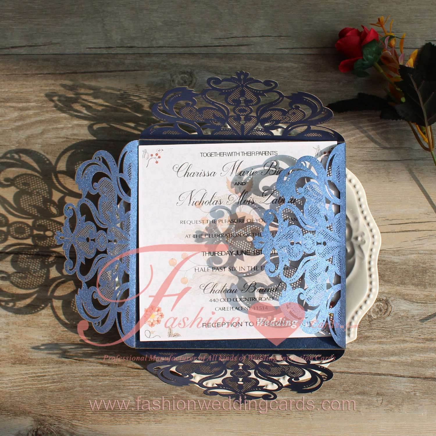 Graceful Navy Blue Laser Cut Wedding Invitation for Sale